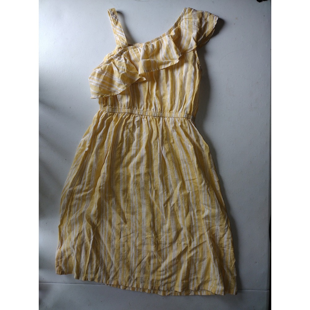 Wonder Nation Girls Yellow White Striped One Shoulder‎ Linen Blend Dress L 10-12
